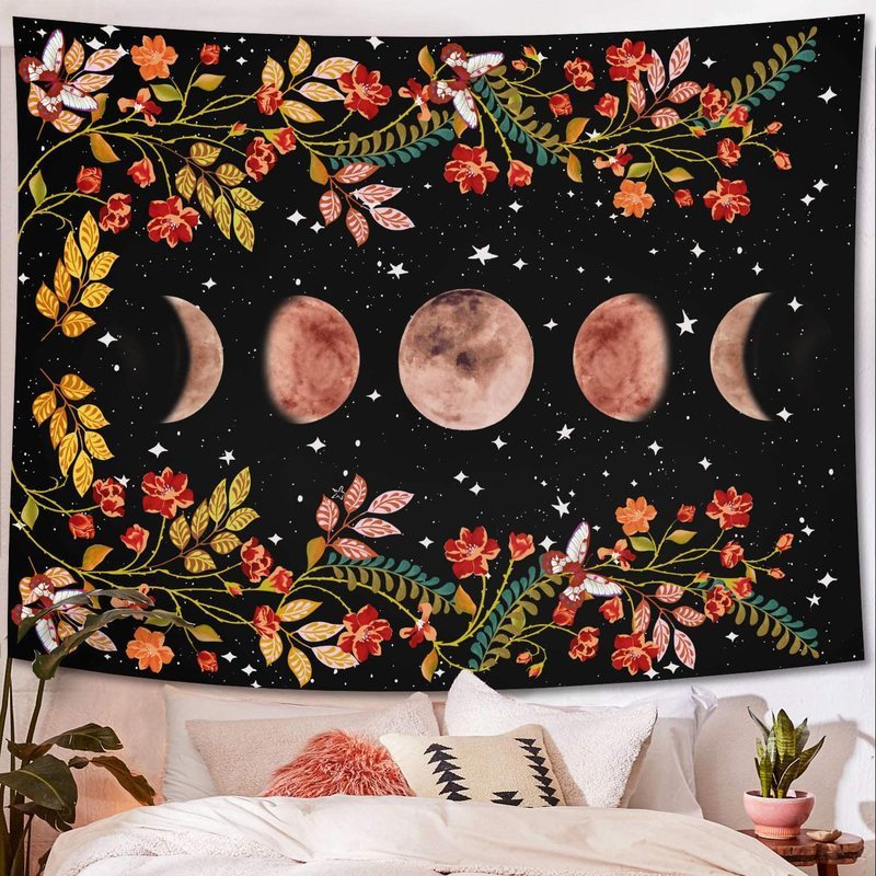 Tapisserie Murale Phases de Lune & Fleurs – Magie Bohème
