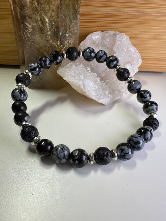 Obsidienne Flocon de Neige & Pierre Volcanique - Bracelet